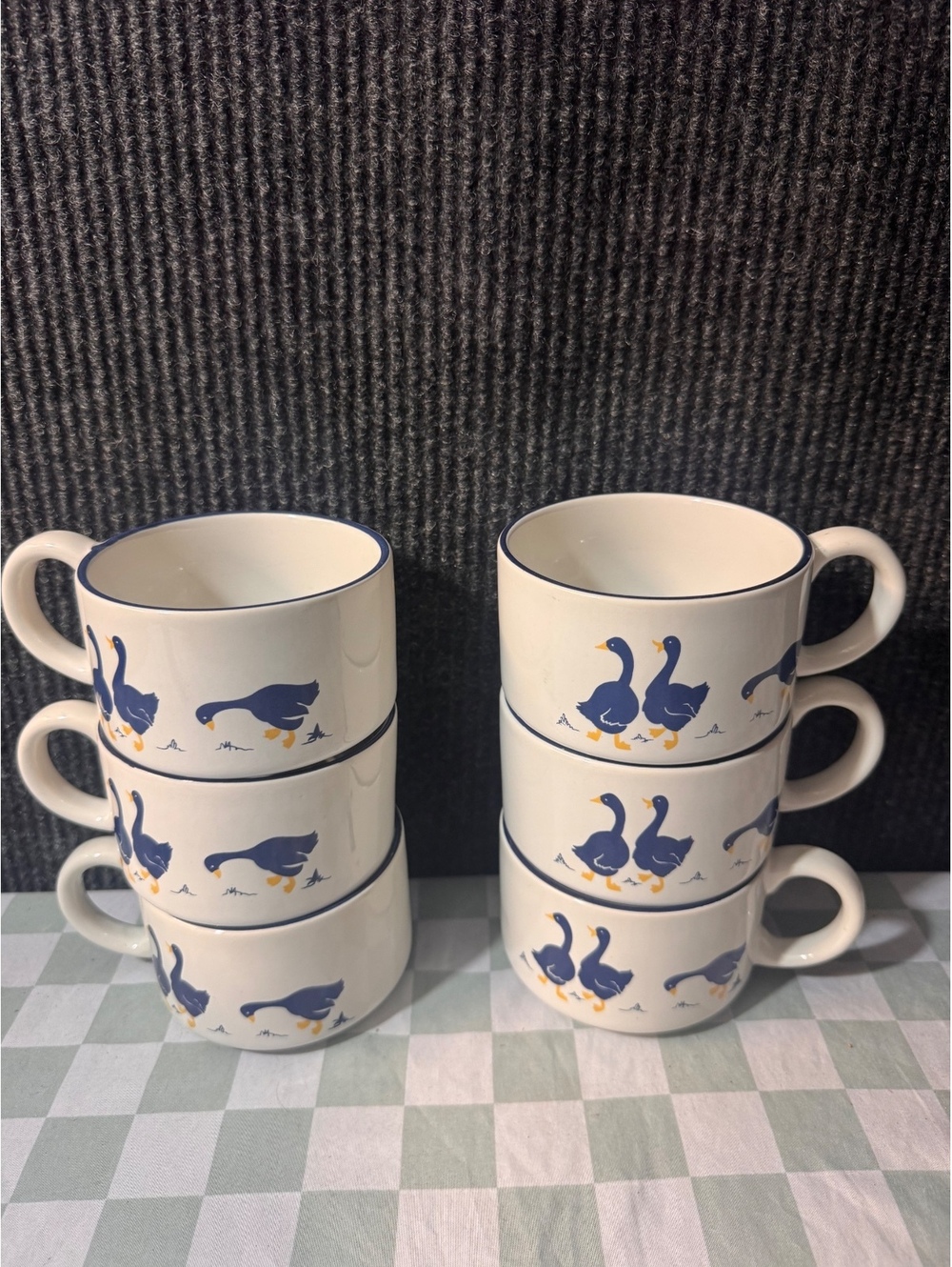 Set of 6 Vintage Ceramic Soup Mugs with Blue Duck Design